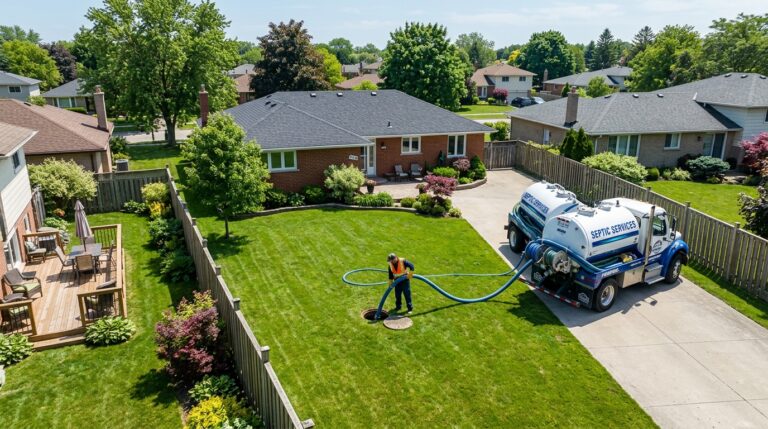 Professional septic tank pumping service at a suburban home
