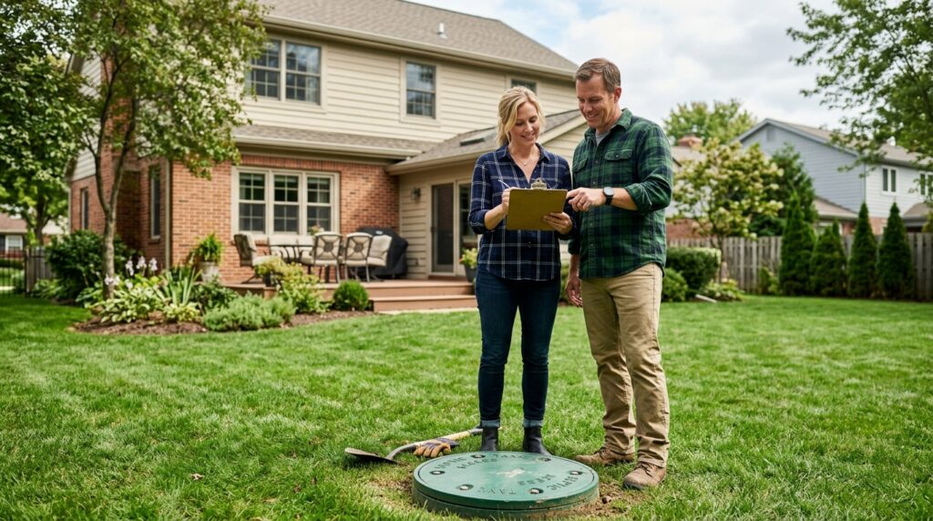 Pump a Septic Tank cross-section diagram showing scum layer, effluent zone, sludge layer, and drain field