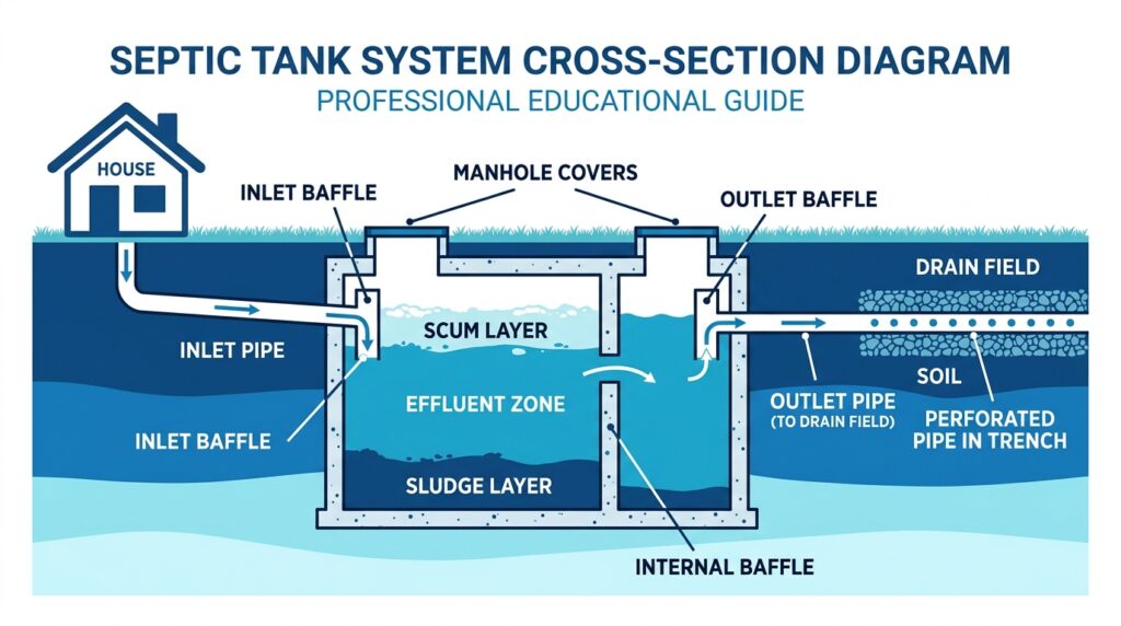 Homeowners reviewing a septic maintenance checklist near their septic tank access lid