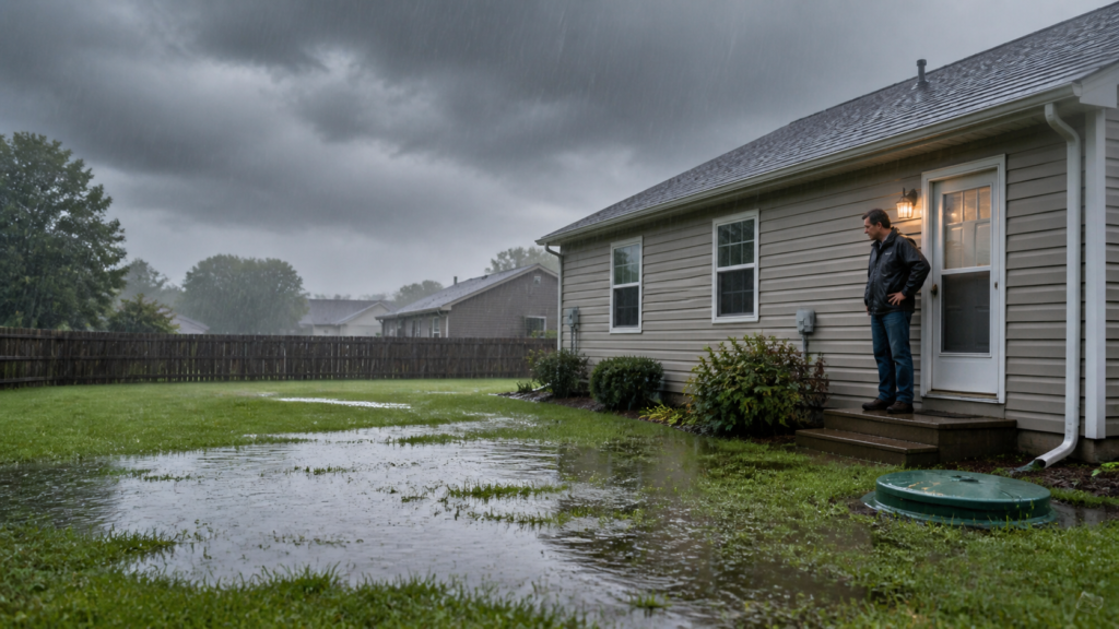 Septic system drainfield saturation during heavy rain.