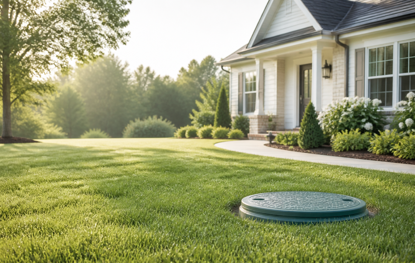 maintain-septic-tank A well-kept home lawn with a visible septic access lid