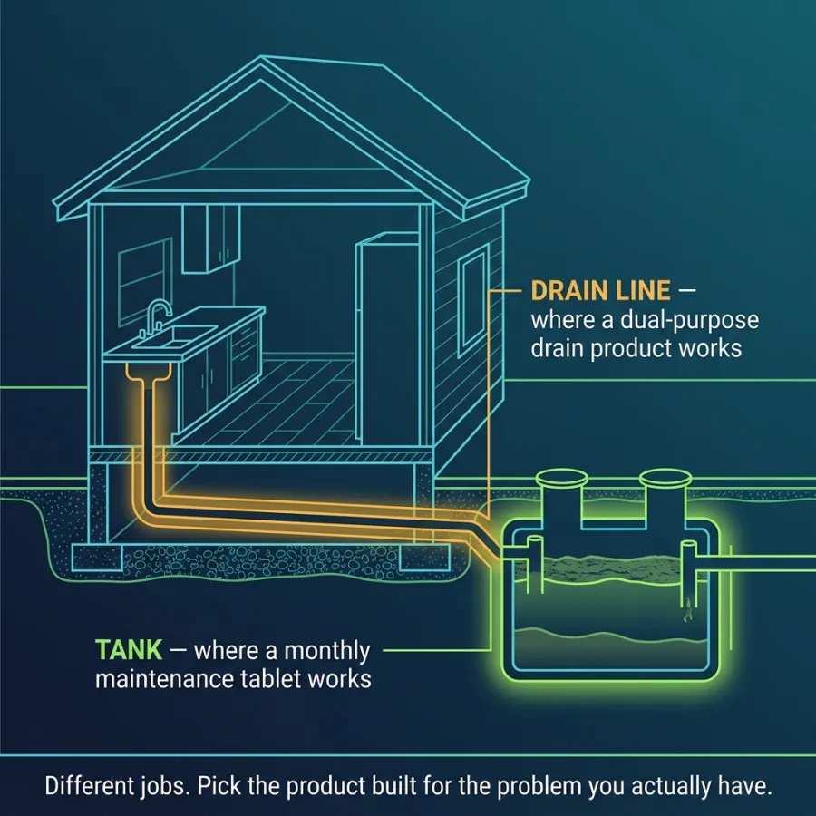 House cross-section with the kitchen drain line highlighted in amber, where a dual-purpose drain product works, and the septic tank highlighted in green, where a monthly maintenance tablet works