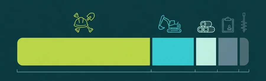 maintain-septic-tank Stacked bar showing the relative share of drainfield replacement cost, with labour by far the largest segment, followed by excavation, pipe and materials, permits, and the soil percolation test