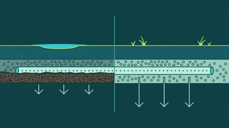 Cross-section comparing two drainfields: on the left a failing field with standing water on the surface and a dark clogged biomat layer blocking the trench, with arrows stopping against it; on the right a new field with clean gravel and arrows passing freely down into the soil