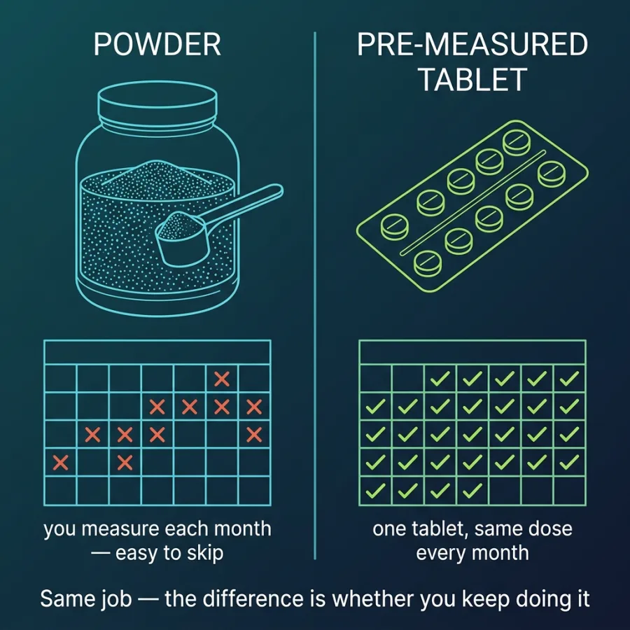 maintain-septic-tank Powder and pre-measured tablet compared: a tub with a measuring scoop above a calendar showing several missed months, beside a tablet blister strip above a calendar with every month completed