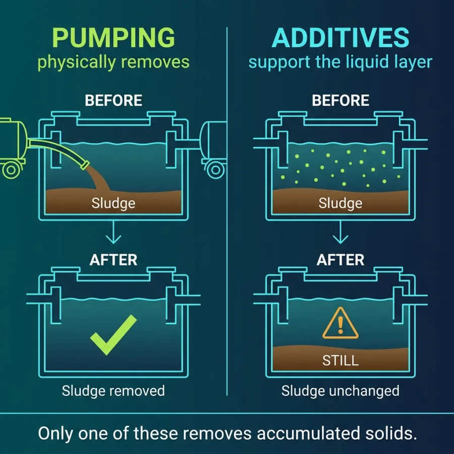 maintain-septic-tank Before and after tanks compared: pumping removes the brown sludge layer entirely, while additives leave the sludge layer unchanged