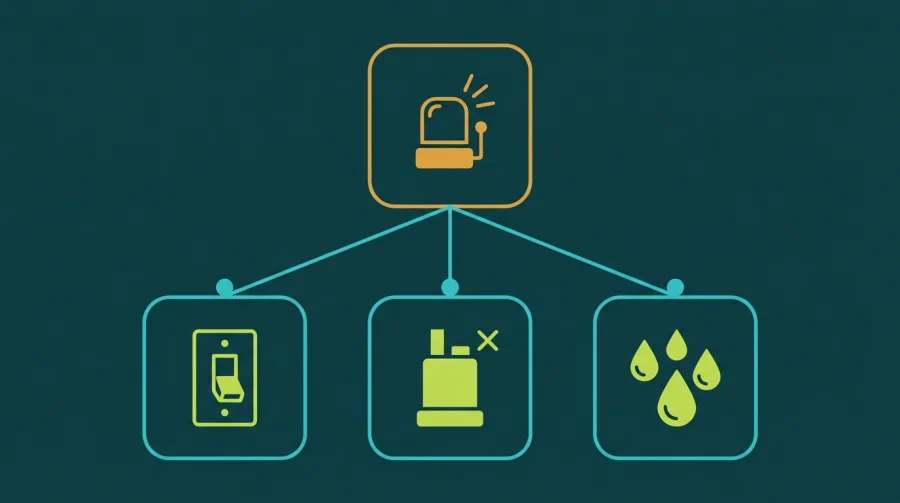 Diagram branching from an alarm box to the three usual causes: a tripped electrical breaker, a pump that has stopped running, and too much water entering the system