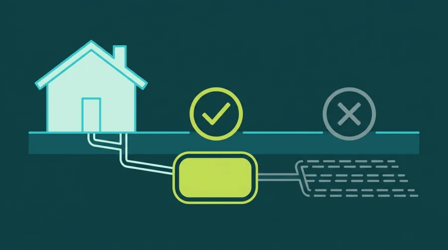 maintain-septic-tank Cutaway of a house septic system with the treatment tank highlighted in green and marked with a tick as covered by grant funding, and the drainfield and pipes beyond it greyed out and marked with a cross as not covered