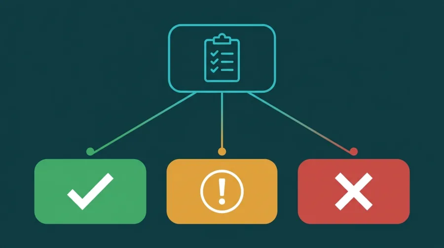 maintain-septic-tank Decision diagram from an inspection clipboard branching to three outcomes: a green panel with a checkmark for a pass, an amber panel with an exclamation mark for a conditional pass, and a red panel with an X for a failure