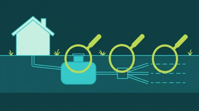 Cross-section of a house and its septic system with magnifying glasses over the three components an inspector must locate and assess: the septic tank, the distribution box and the drainfield