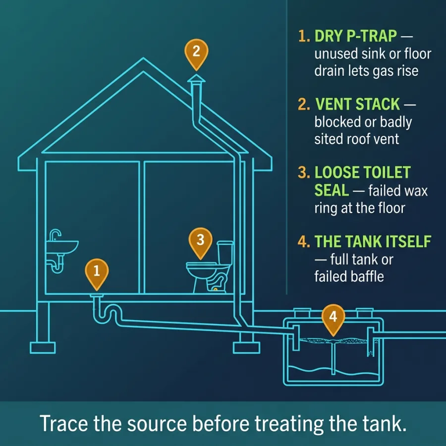 maintain-septic-tank House cross-section with four numbered markers showing indoor septic odor sources: a dry P-trap, the roof vent stack, a loose toilet seal, and the septic tank itself