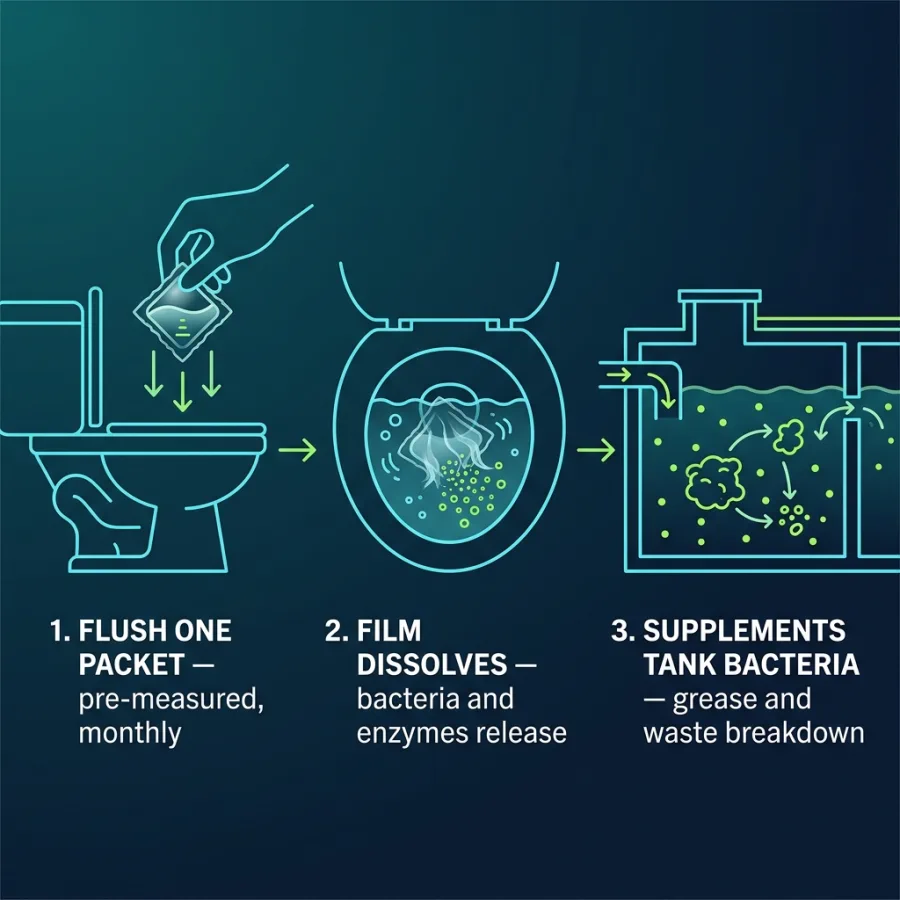maintain-septic-tank Three-step sequence showing one pre-measured packet being flushed, the film dissolving to release bacteria and enzymes, and those bacteria dispersing through the septic tank to break down grease and waste