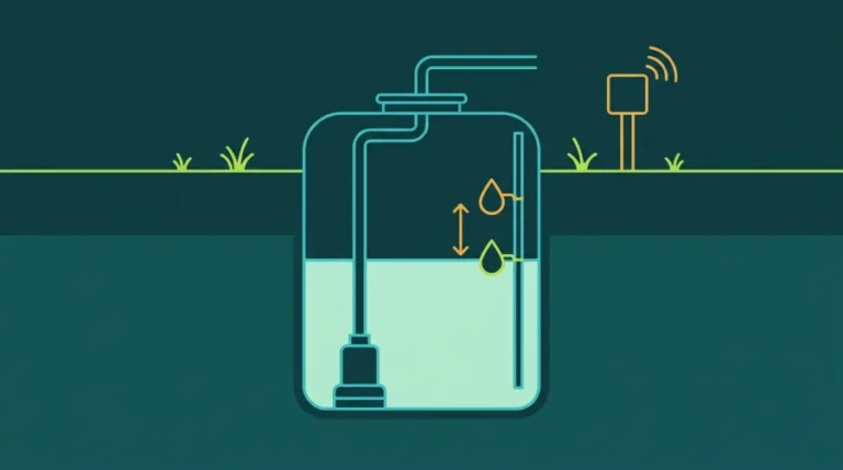 Cutaway of a buried septic pump chamber showing the pump on the tank floor, a lower control float at the liquid surface, and a separate high-water alarm float mounted a short distance above it, with an alarm box on a post above ground