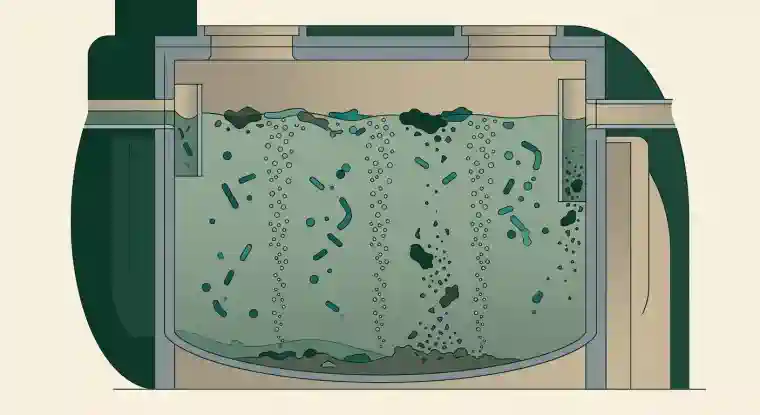 maintain-septic-tank Illustration of oxygen bubbles rising through septic tank liquid while bacteria break solids into smaller particles that settle as sludge