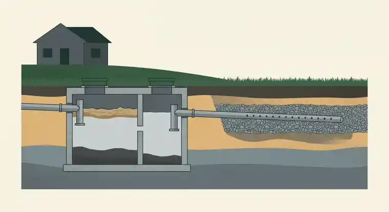 Cross-section diagram of a residential septic tank showing the scum layer, liquid effluent and sludge layer, with effluent flowing to a gravel drain field