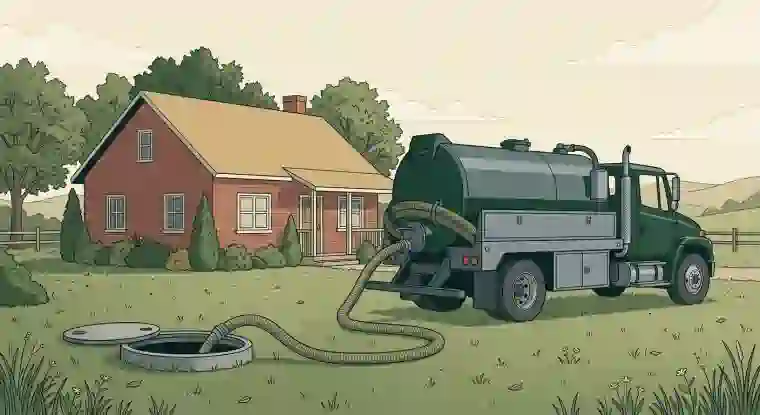 maintain-septic-tank A septic pump-out truck parked beside a rural home with a hose running into an open septic tank access lid