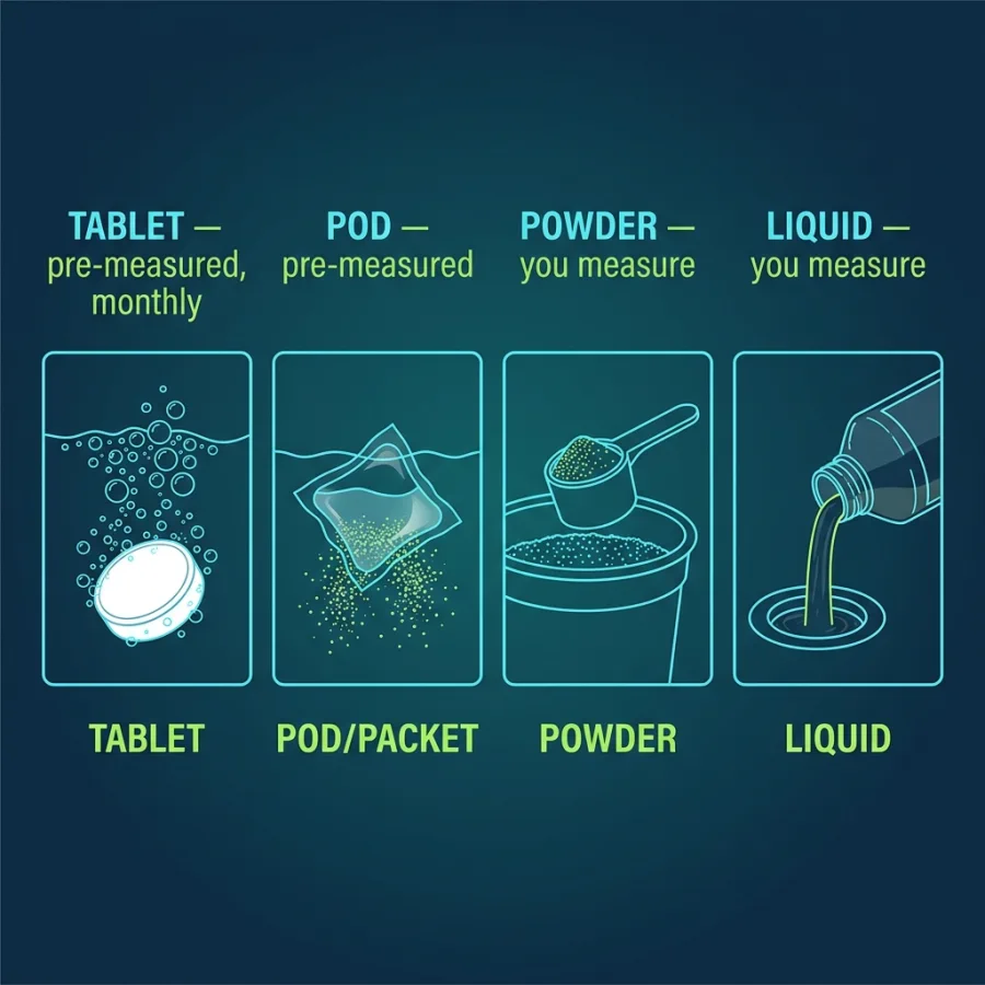 maintain-septic-tank Four septic tank treatment formats compared side by side: a pre-measured monthly tablet fizzing in water, a pre-measured dissolving pod, powder measured out by scoop, and liquid poured into a drain
