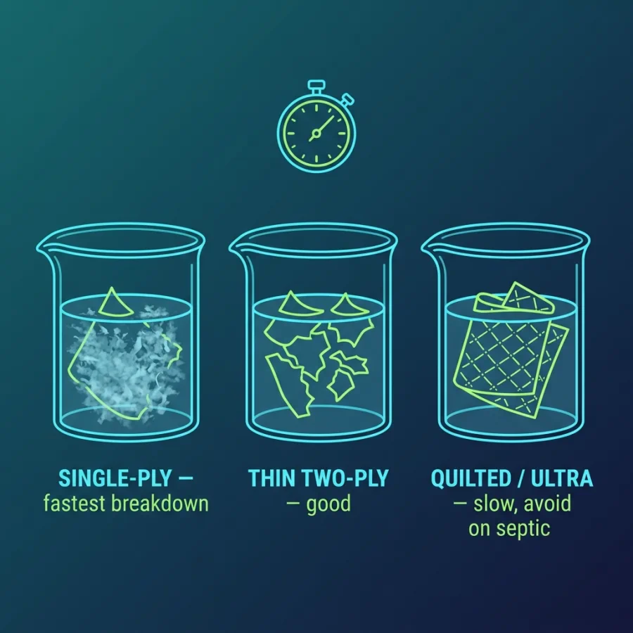 maintain-septic-tank Three beakers showing toilet paper breakdown after the same elapsed time: single-ply almost fully dispersed, thin two-ply partly broken up, and quilted ultra still intact as a folded sheet