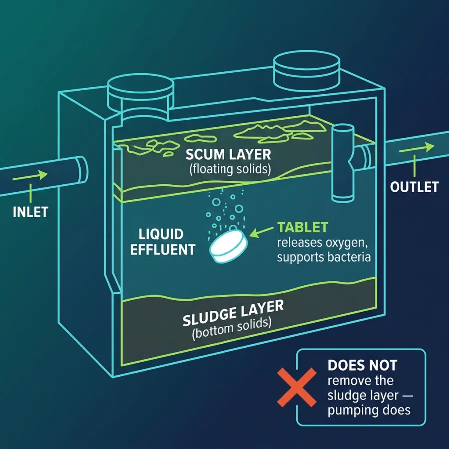 maintain-septic-tank Cutaway of a septic tank showing the scum, liquid effluent and sludge layers, with a treatment tablet releasing oxygen bubbles in the liquid layer, and a note that it does not remove the sludge layer
